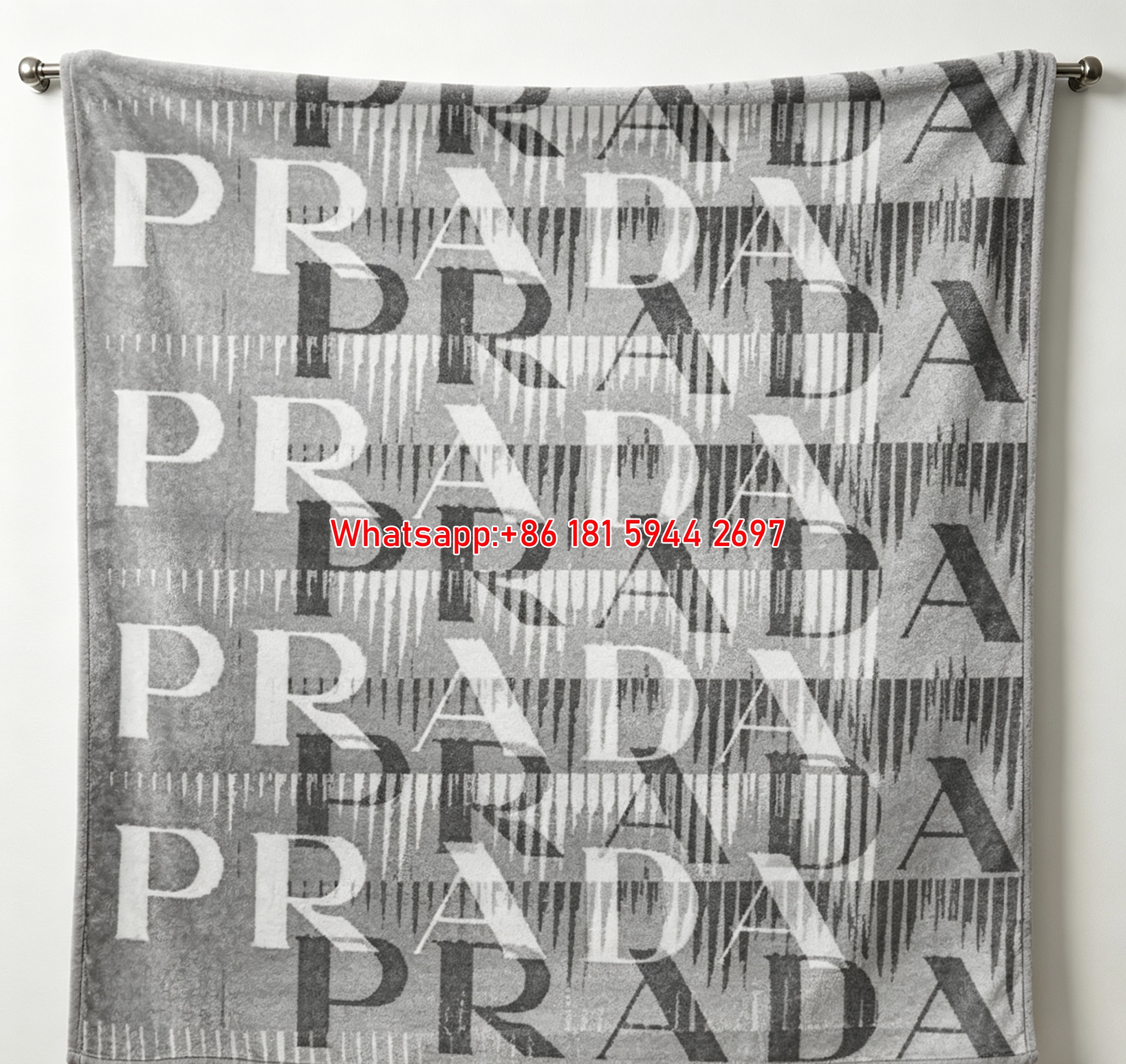 Prada Silver Gray Gradient Logo Flannel Throw Blanket IMG_2796
